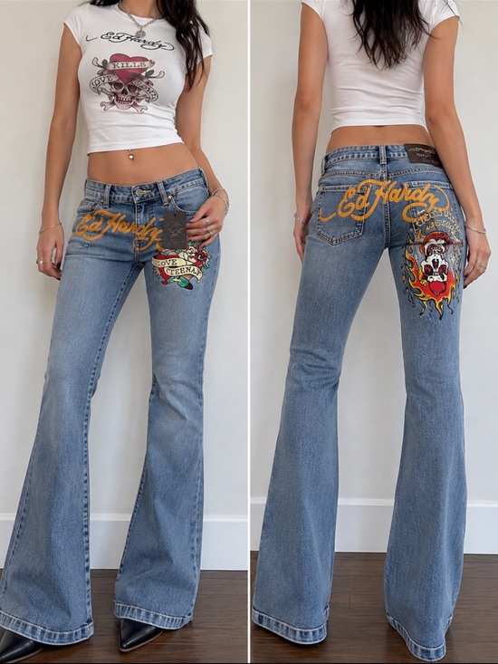 Ed Hardy Denim - Ed Hardy Y2K Embroidered Fit & Flare Jeans NWT Size 28 Tattoo Graphic Denim